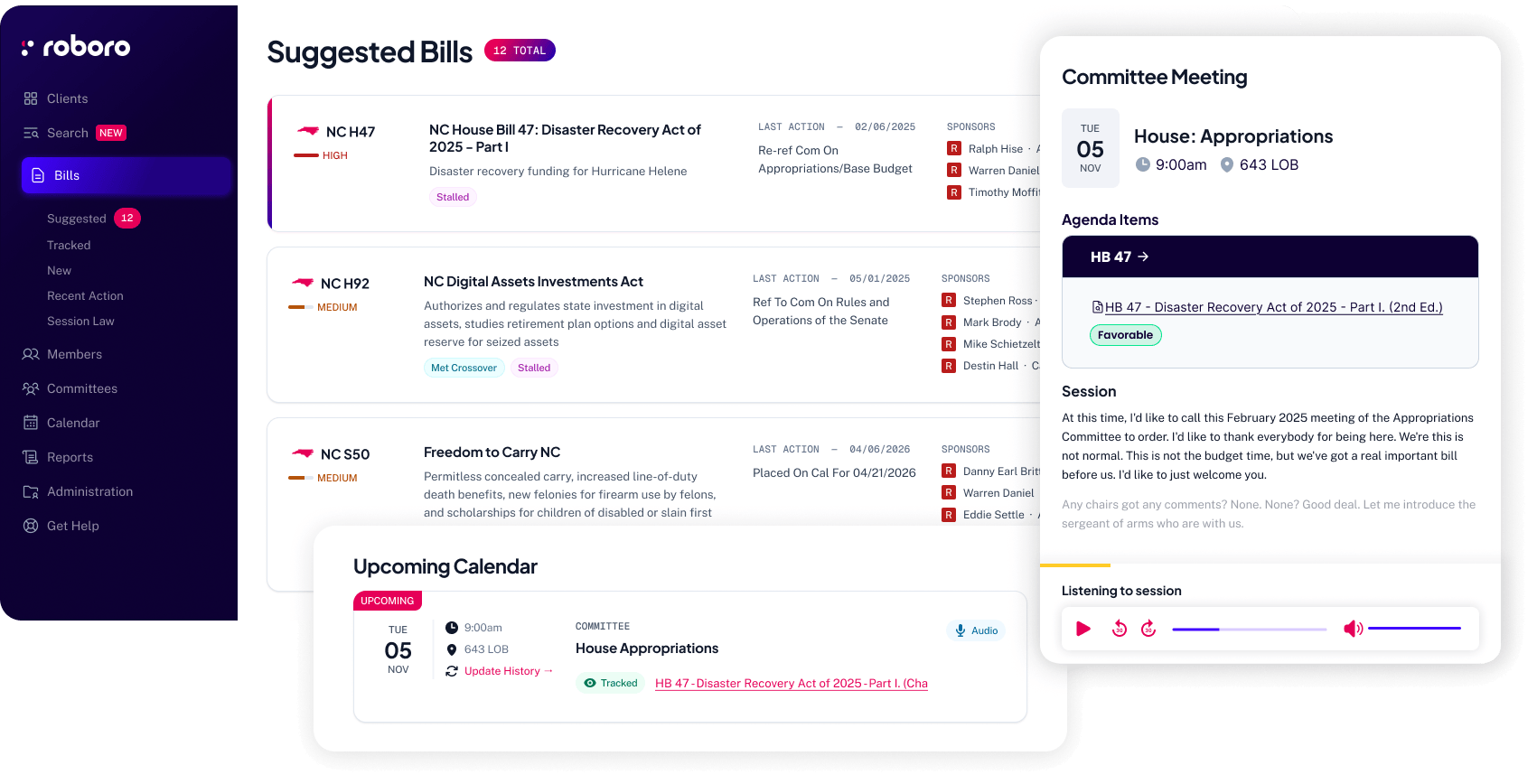 Roboro app UI with suggested bills and calendar data