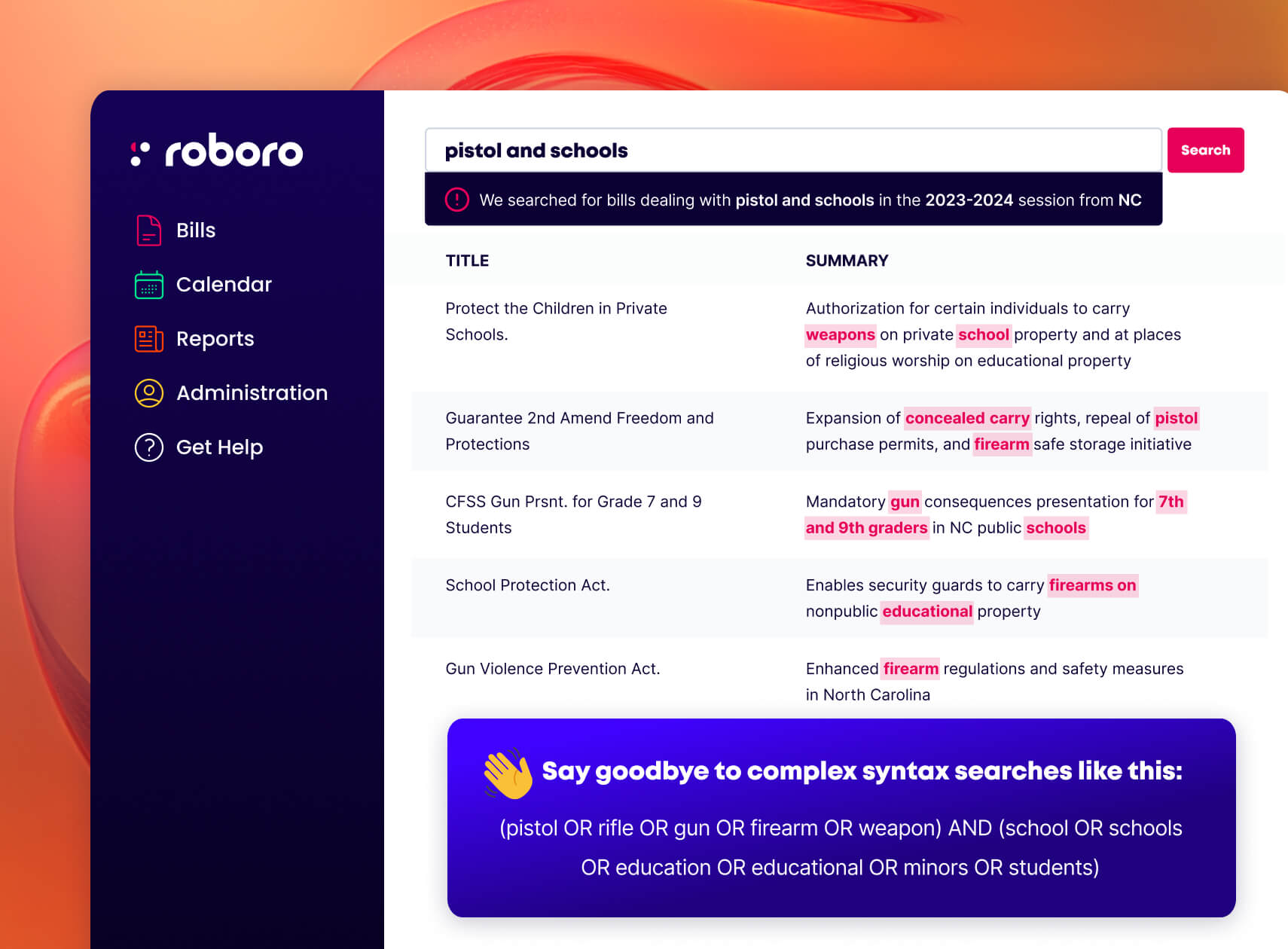 Roboro plain-English bill search results